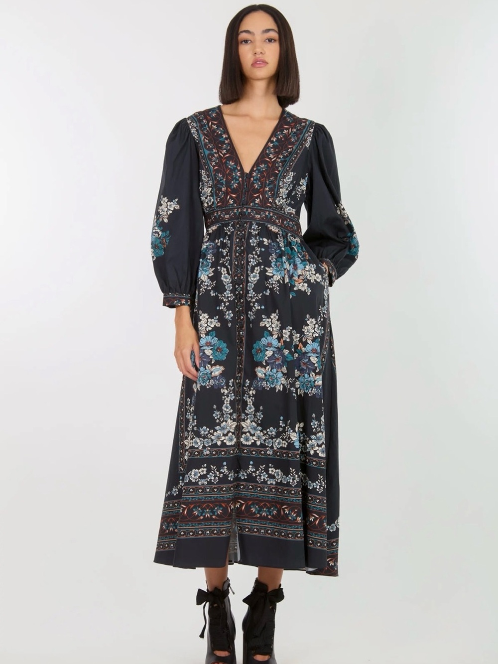 Black Floral Midi Dress with Teal Accents - Women's